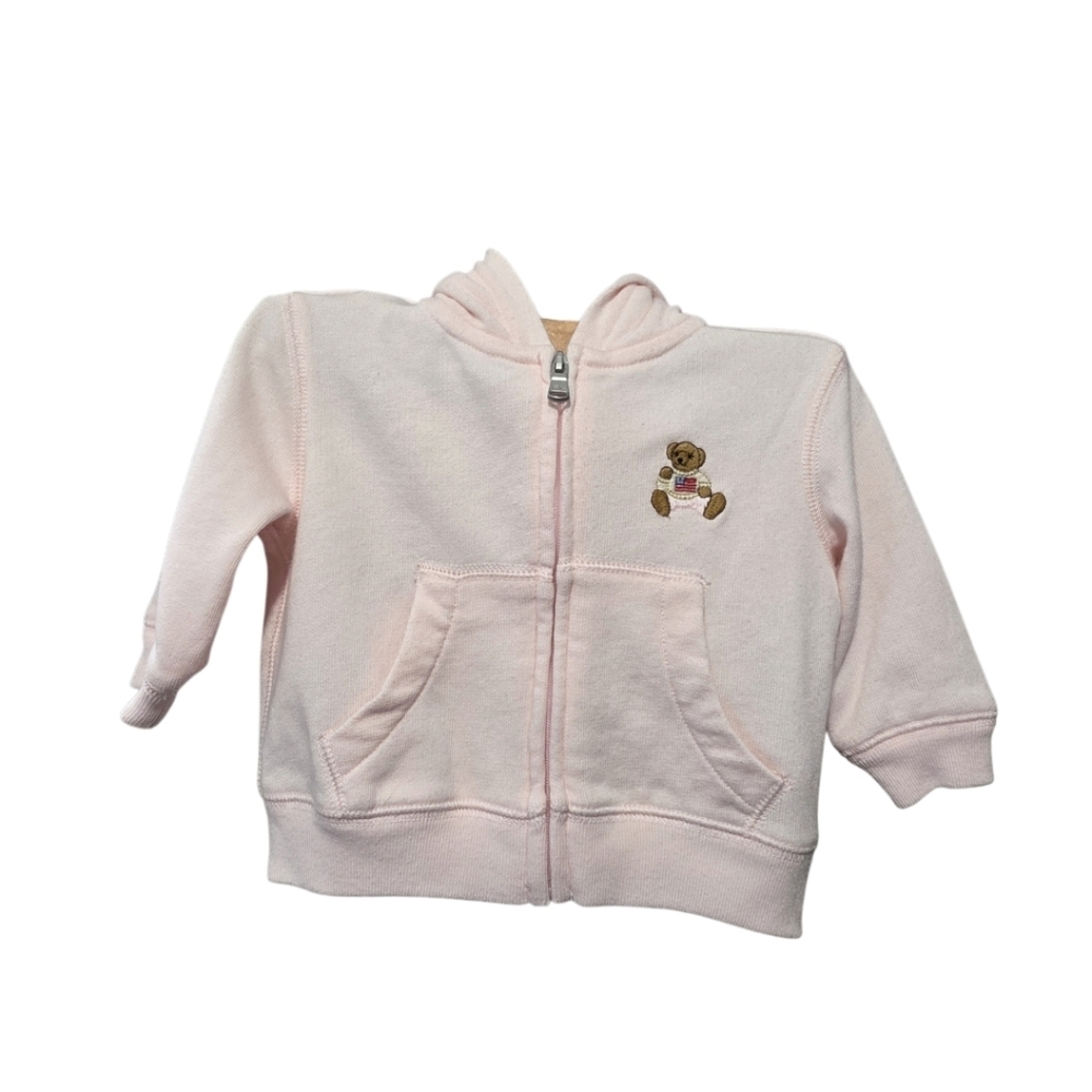 Ralph Lauren Baby Girl Pink Full Zip Hoodie American Flag Teddy Bear 3M